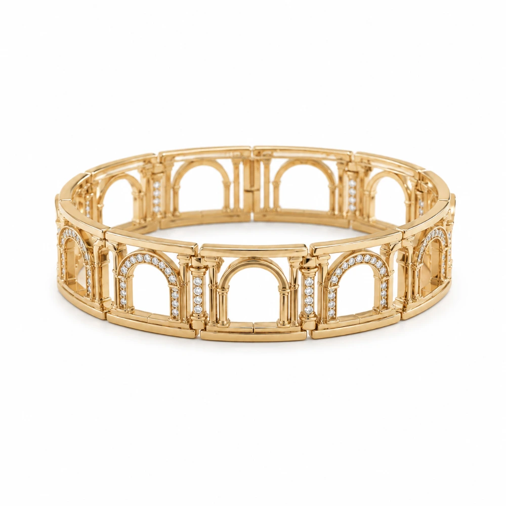 The Colonnade Bracelet — 9 link lengkung · Pilar & lengkung pavé 96 × 0,01 ct · Lebar 11 mm · Emas 18K