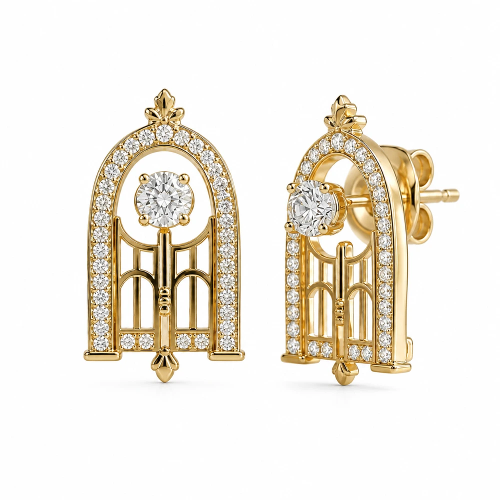 The Gate Arch Studs — Sepasang · Berlian 0,15 ct per sisi · Bingkai 40 × 0,01 ct per sisi · Tinggi 18 mm · Emas 18K