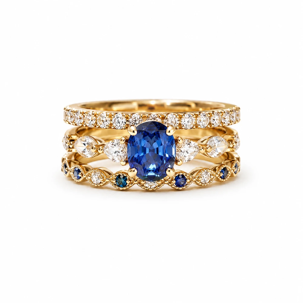 The Sapphire Trio Stack — Set 3 cincin · Oval blue sapphire 1,20 ct + 2 pear 0,15 ct · Pavé 32 × 0,02 ct · Band milgrain sapphire · Emas 18K