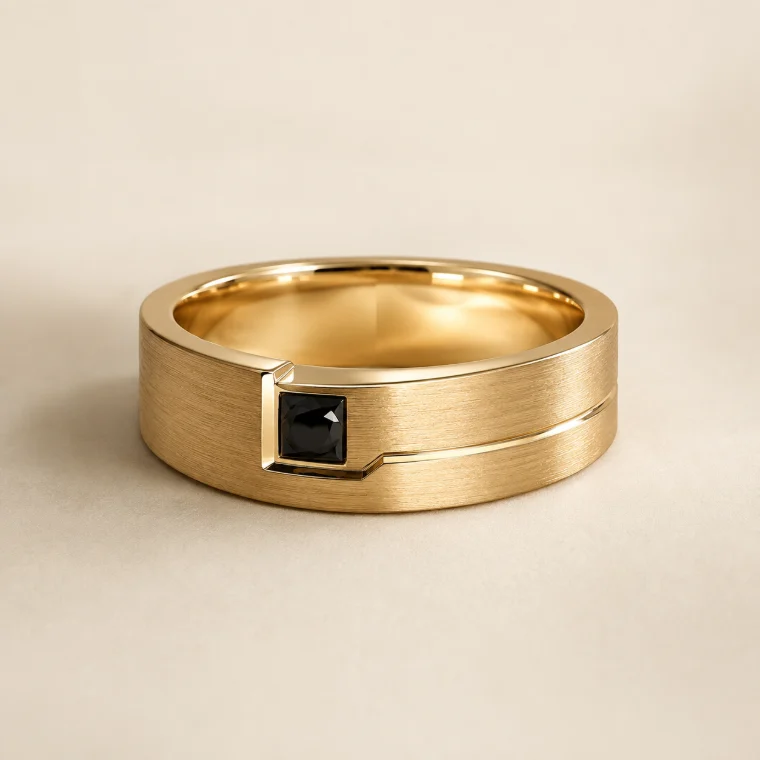 Cincin pria emas kuning brushed dengan berlian hitam potong persegi